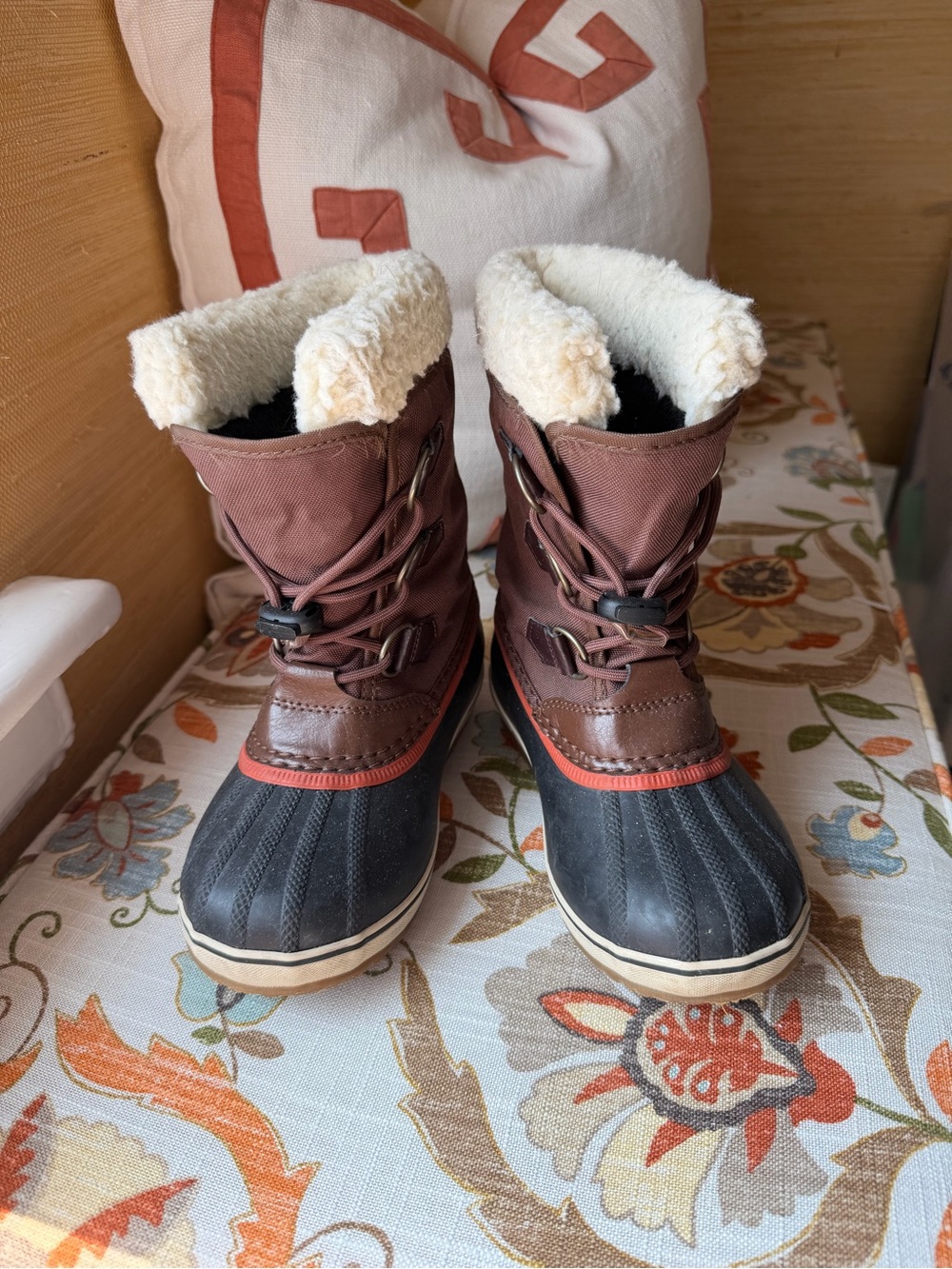 Sorel Kids Brown and Black Waterproof Winter Boots with Cream Faux Fur